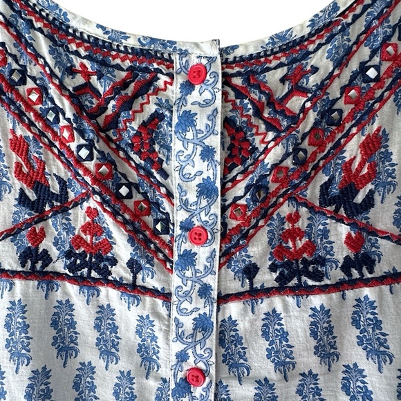 LUCKY BRAND | EMBROIDERED COTTON TOP LIKE NEW BUTTON UP BACK RED BLUE | LARGE - Picture 8 of 12